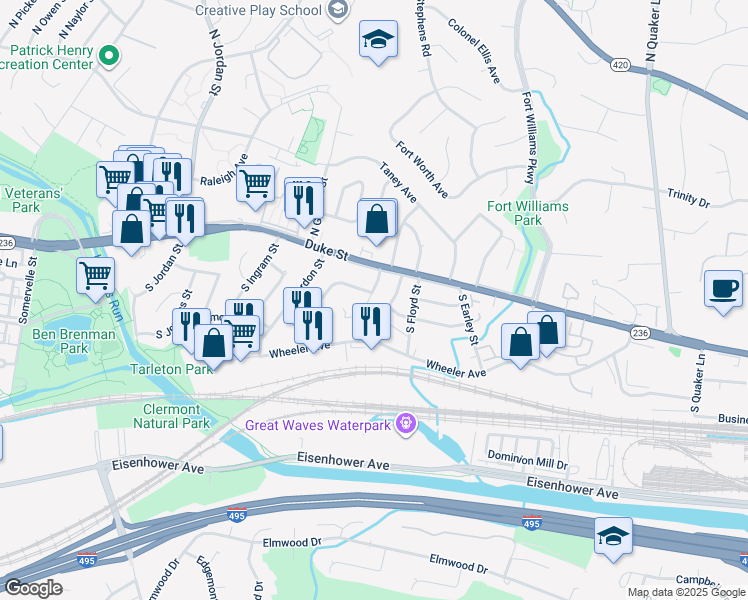 map of restaurants, bars, coffee shops, grocery stores, and more near 22 South French Street in Alexandria