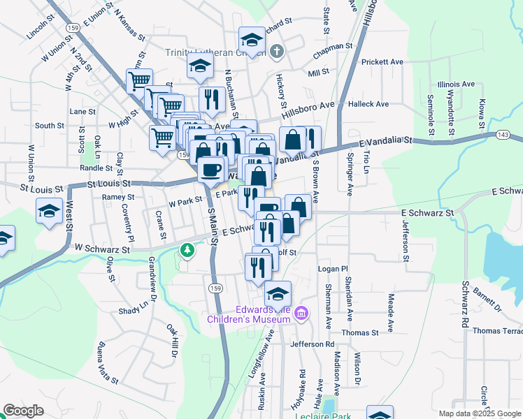 map of restaurants, bars, coffee shops, grocery stores, and more near 246 South Buchanan Street in Edwardsville