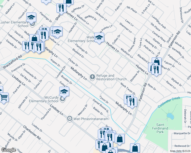 map of restaurants, bars, coffee shops, grocery stores, and more near 1655 Fernbrook Drive in Florissant