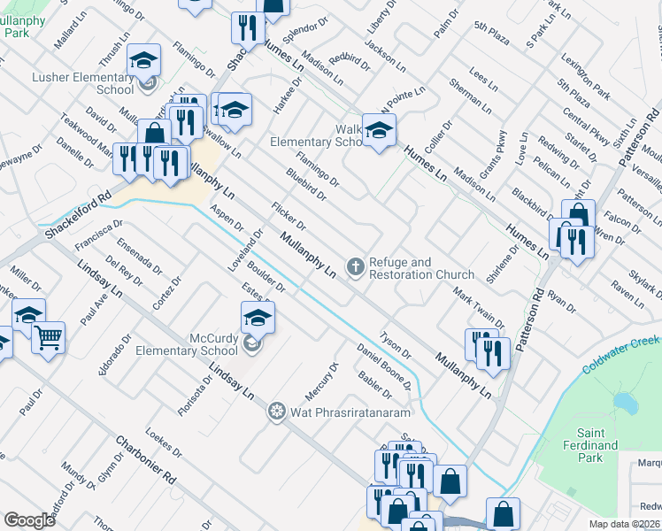 map of restaurants, bars, coffee shops, grocery stores, and more near 1145 Mullanphy Road in Florissant
