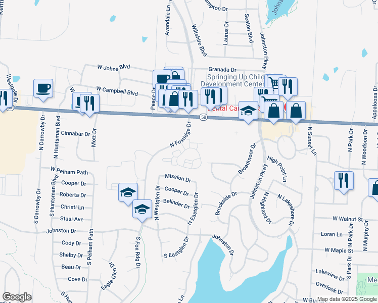 map of restaurants, bars, coffee shops, grocery stores, and more near 311 North Fox Ridge Drive in Raymore