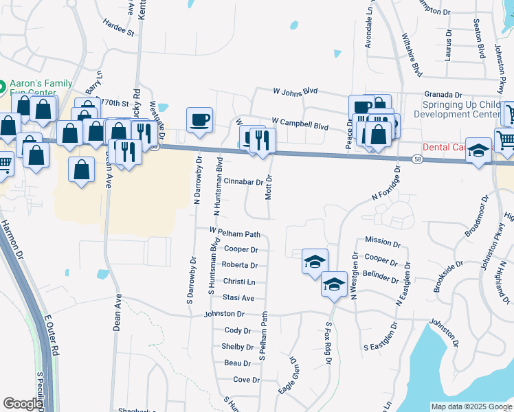 map of restaurants, bars, coffee shops, grocery stores, and more near 1628 Ridgeway Drive in Raymore