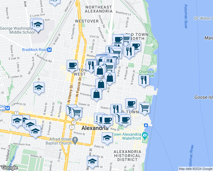 map of restaurants, bars, coffee shops, grocery stores, and more near 607 Oronoco Street in Alexandria