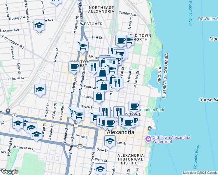 map of restaurants, bars, coffee shops, grocery stores, and more near 607 Oronoco Street in Alexandria
