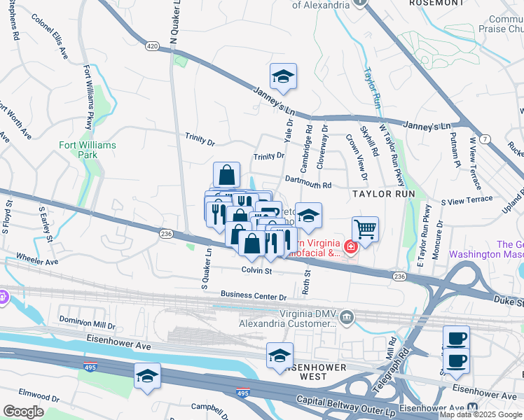 map of restaurants, bars, coffee shops, grocery stores, and more near 1100 Quaker Hill Drive in Alexandria