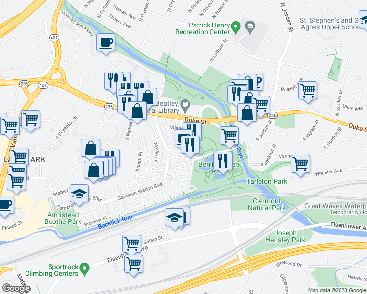 map of restaurants, bars, coffee shops, grocery stores, and more near 4922 Barbour Drive in Alexandria