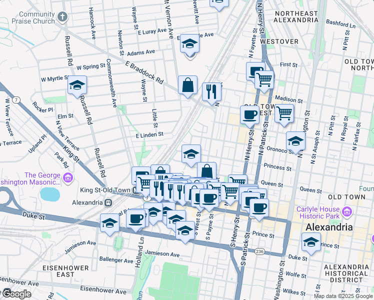 map of restaurants, bars, coffee shops, grocery stores, and more near 1601 Princess Street in Alexandria