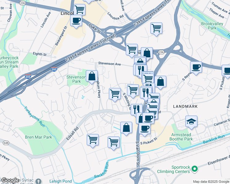 map of restaurants, bars, coffee shops, grocery stores, and more near 6001 Lane Drive in Alexandria