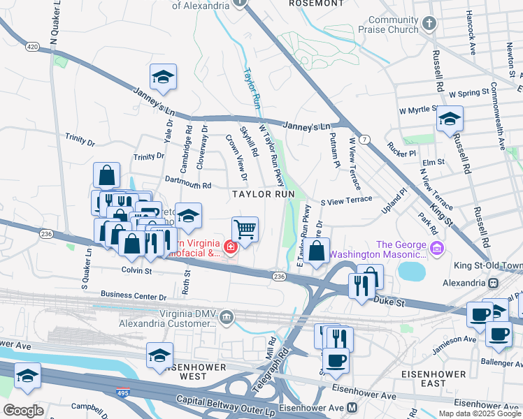 map of restaurants, bars, coffee shops, grocery stores, and more near 202 Skyhill Road in Alexandria