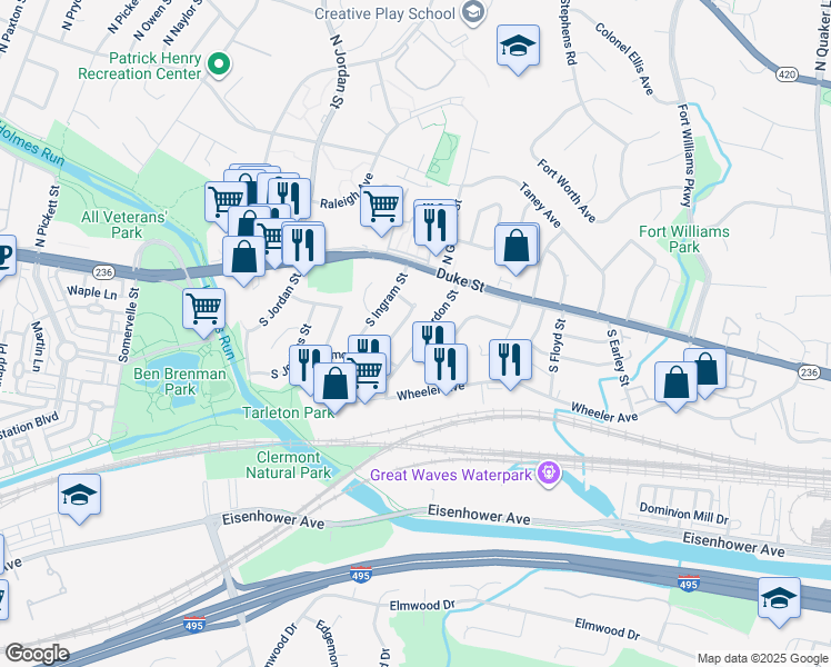 map of restaurants, bars, coffee shops, grocery stores, and more near 53 South Gordon Street in Alexandria