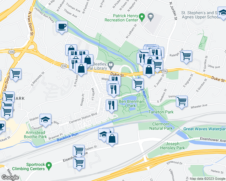 map of restaurants, bars, coffee shops, grocery stores, and more near 4951 Brenman Park Drive in Alexandria