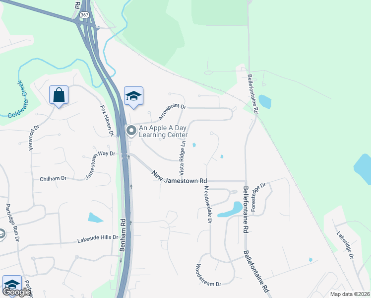 map of restaurants, bars, coffee shops, grocery stores, and more near 12805 Vista Ridge Lane in St. Louis