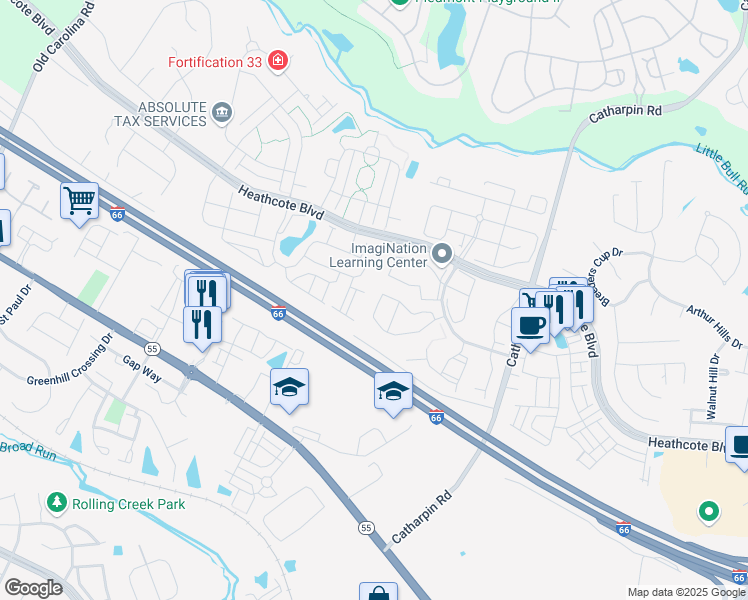 map of restaurants, bars, coffee shops, grocery stores, and more near 14293 Legend Glen Court in Gainesville