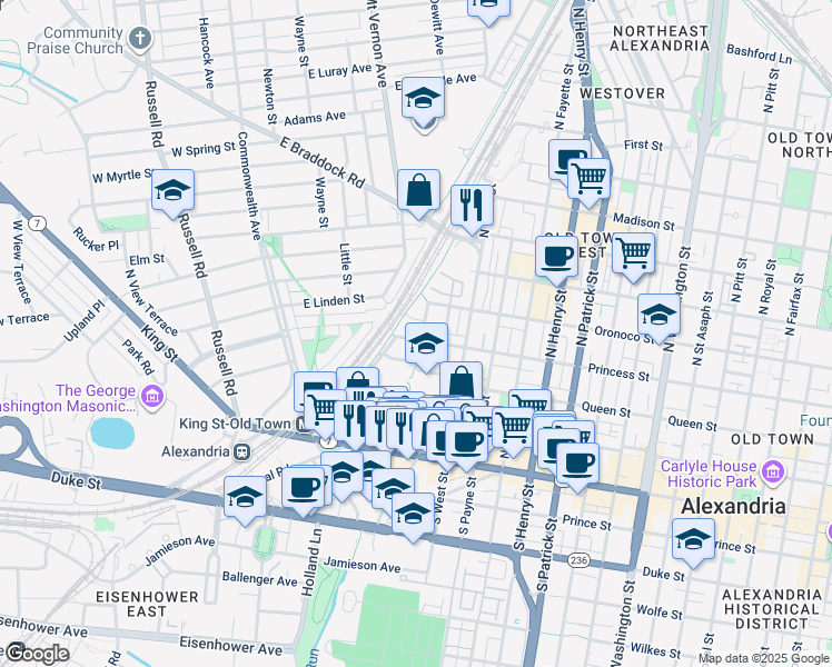 map of restaurants, bars, coffee shops, grocery stores, and more near 1601 Princess Street in Alexandria