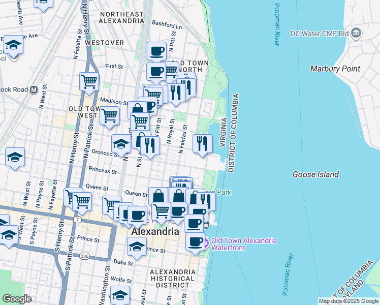 map of restaurants, bars, coffee shops, grocery stores, and more near 527 Tobacco Quay in Alexandria
