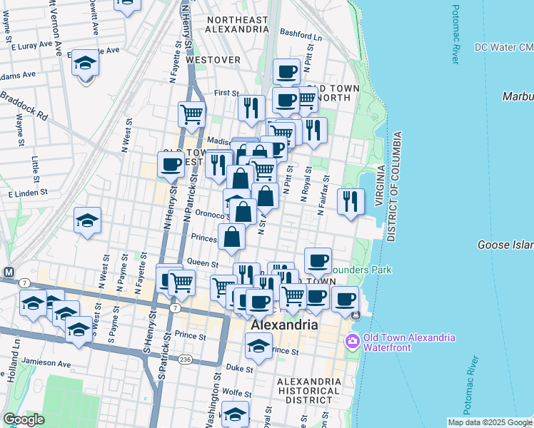 map of restaurants, bars, coffee shops, grocery stores, and more near 513 North Saint Asaph Street in Alexandria