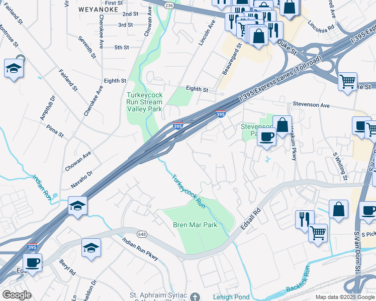 map of restaurants, bars, coffee shops, grocery stores, and more near 5232 Winter View Drive in Alexandria