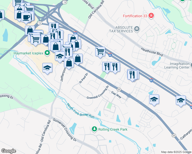 map of restaurants, bars, coffee shops, grocery stores, and more near 6796 Coach Way in Haymarket