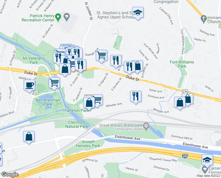 map of restaurants, bars, coffee shops, grocery stores, and more near 53 South Gordon Street in Alexandria