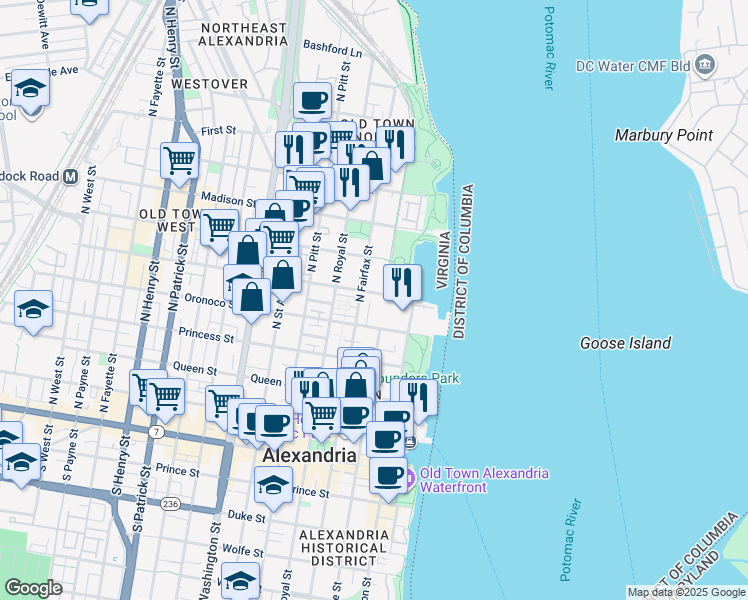 map of restaurants, bars, coffee shops, grocery stores, and more near 533 Tobacco Quay in Alexandria