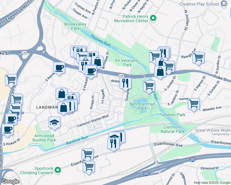map of restaurants, bars, coffee shops, grocery stores, and more near 5010 Barbour Drive in Alexandria
