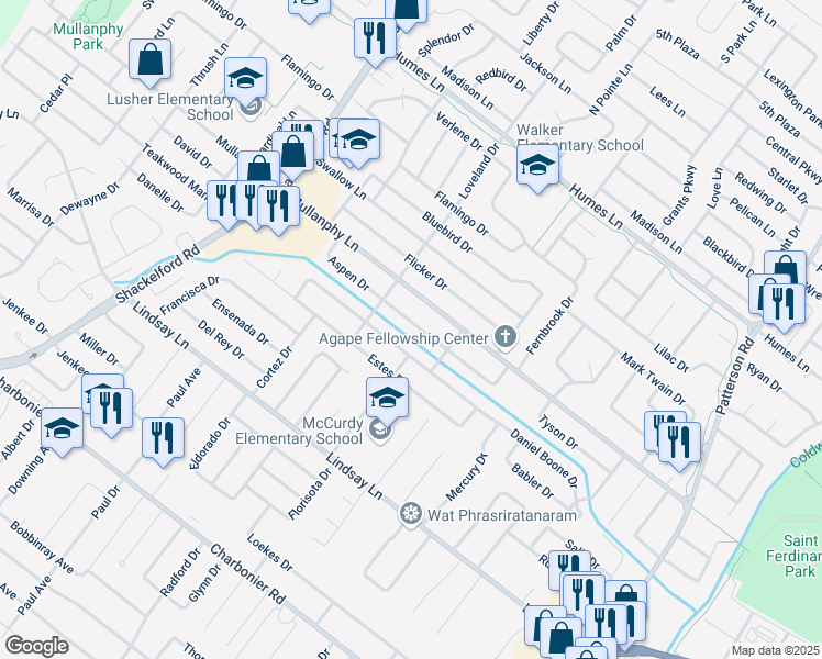 map of restaurants, bars, coffee shops, grocery stores, and more near 1290 Aspen Drive in Florissant
