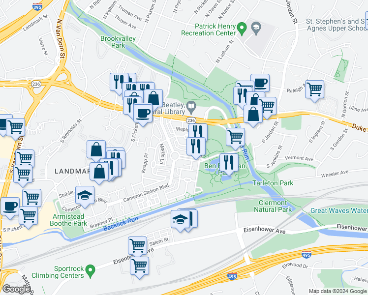 map of restaurants, bars, coffee shops, grocery stores, and more near 4922 Barbour Drive in Alexandria
