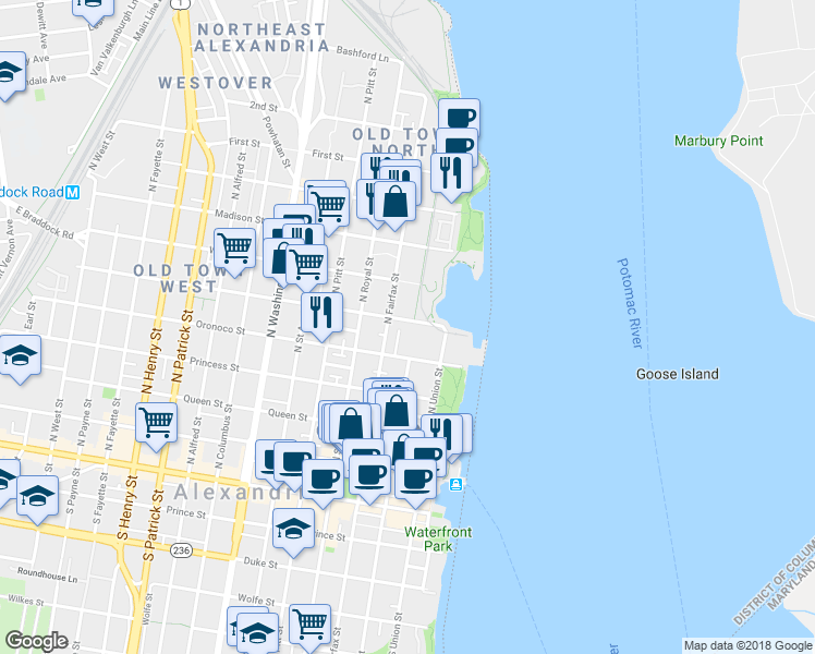 map of restaurants, bars, coffee shops, grocery stores, and more near 527 Tobacco Quay in Alexandria