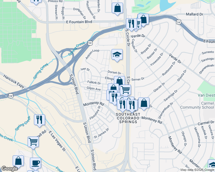 map of restaurants, bars, coffee shops, grocery stores, and more near 2536 Gilpin Avenue in Colorado Springs