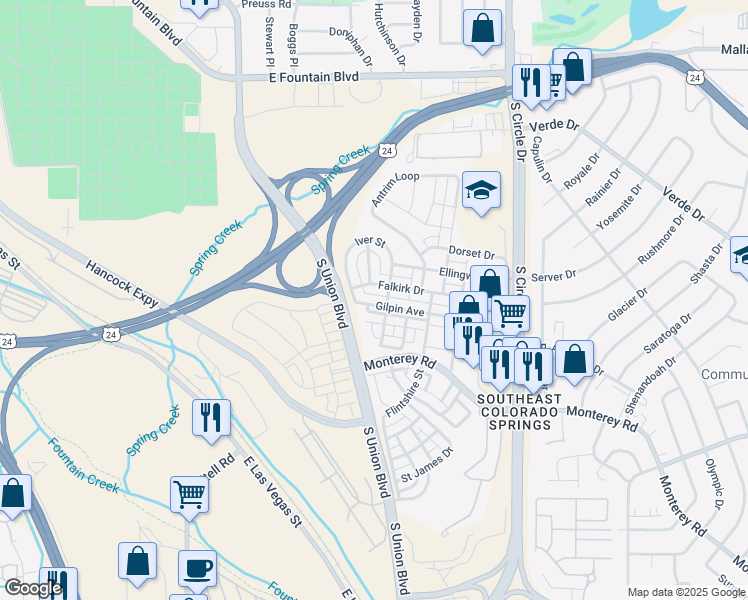 map of restaurants, bars, coffee shops, grocery stores, and more near 2121 Gilpin Avenue in Colorado Springs