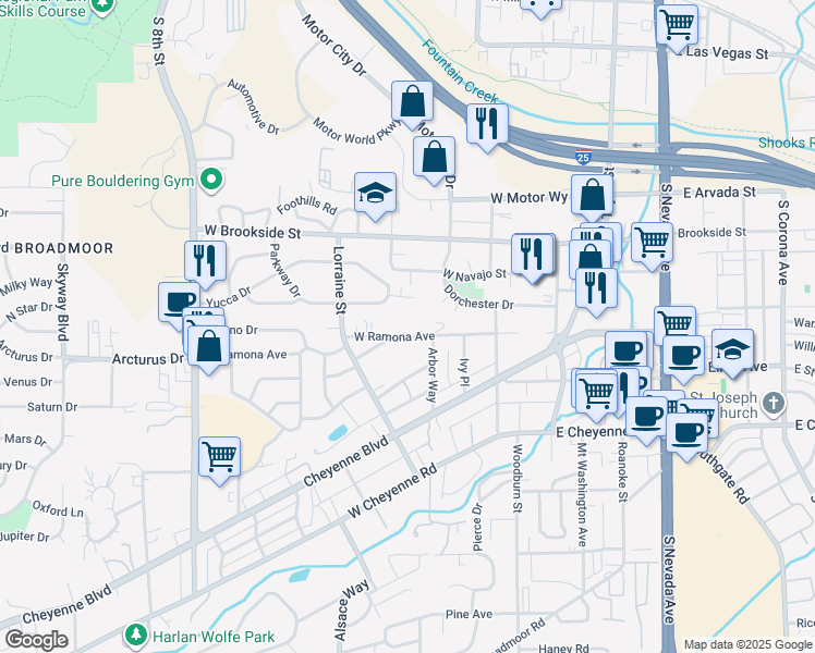 map of restaurants, bars, coffee shops, grocery stores, and more near 209 West Ramona Avenue in Colorado Springs