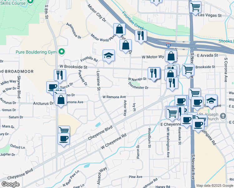map of restaurants, bars, coffee shops, grocery stores, and more near 209 West Ramona Avenue in Colorado Springs