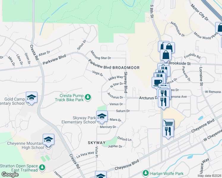 map of restaurants, bars, coffee shops, grocery stores, and more near 1015 North Star Drive in Colorado Springs