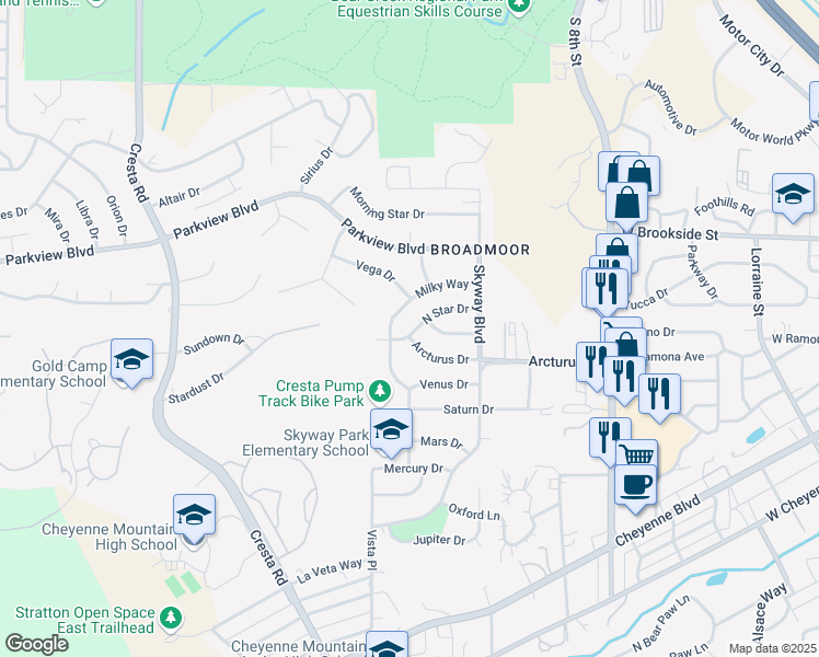 map of restaurants, bars, coffee shops, grocery stores, and more near 1015 North Star Drive in Colorado Springs