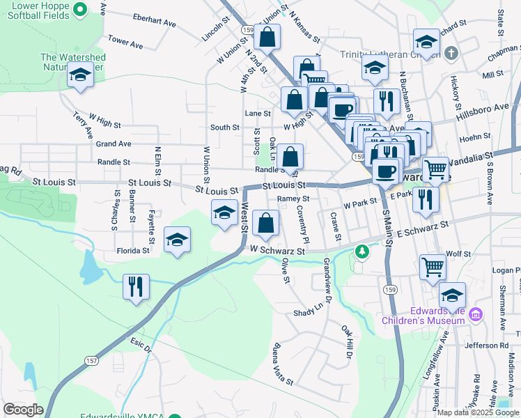 map of restaurants, bars, coffee shops, grocery stores, and more near 219 South Myrtle Street in Edwardsville