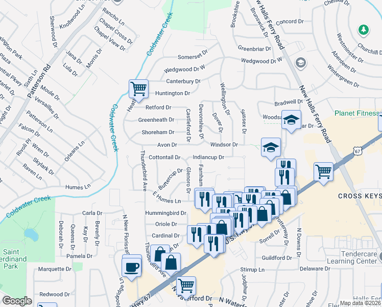 map of restaurants, bars, coffee shops, grocery stores, and more near 2280 Cottontail Drive in Florissant