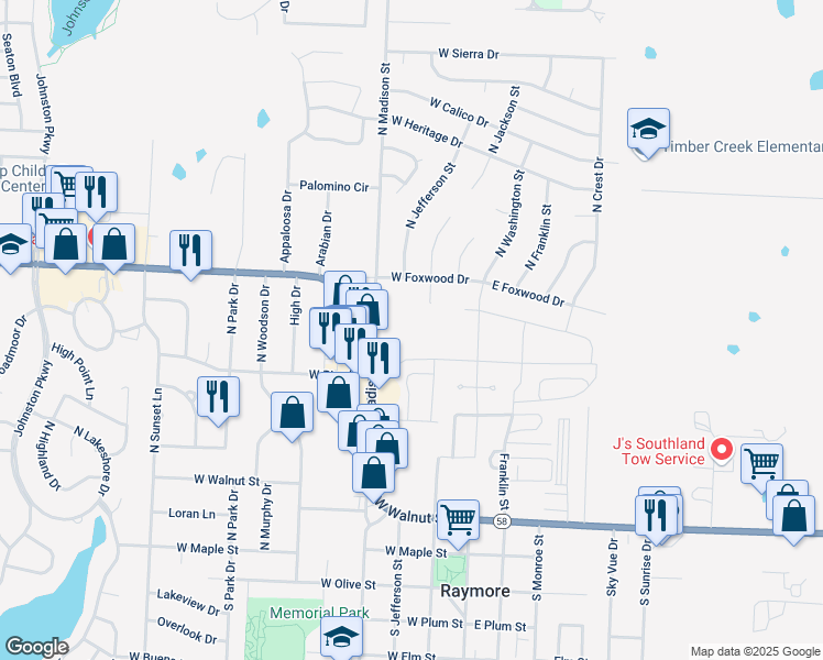 map of restaurants, bars, coffee shops, grocery stores, and more near 302 West Pine Street in Raymore