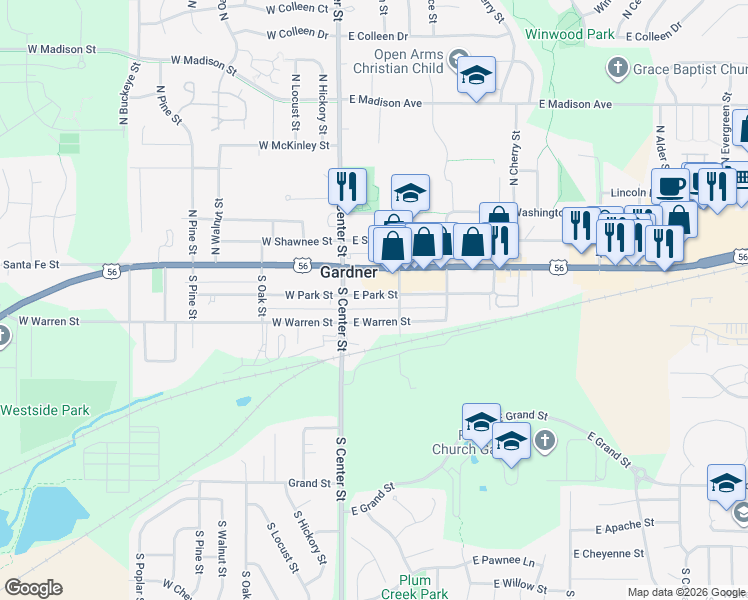 map of restaurants, bars, coffee shops, grocery stores, and more near 127 East Park Street in Gardner