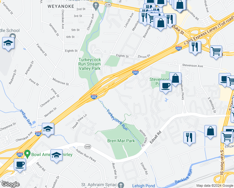 map of restaurants, bars, coffee shops, grocery stores, and more near 5232 Winter View Drive in Alexandria