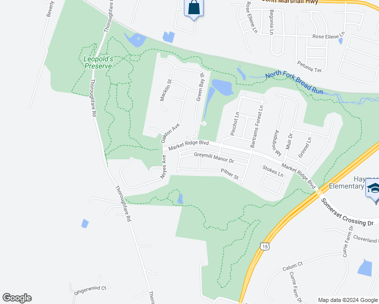 map of restaurants, bars, coffee shops, grocery stores, and more near 16004 Greymill Manor Drive in Haymarket
