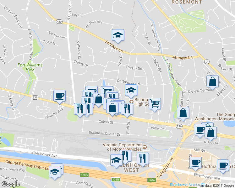 map of restaurants, bars, coffee shops, grocery stores, and more near 200 Ellsworth Street in Alexandria
