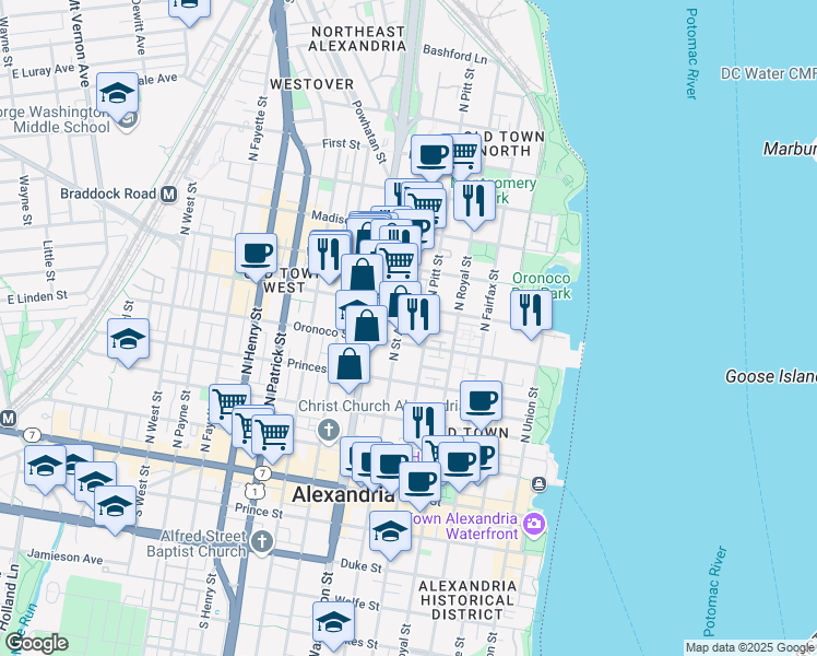 map of restaurants, bars, coffee shops, grocery stores, and more near 515 North Saint Asaph Street in Alexandria
