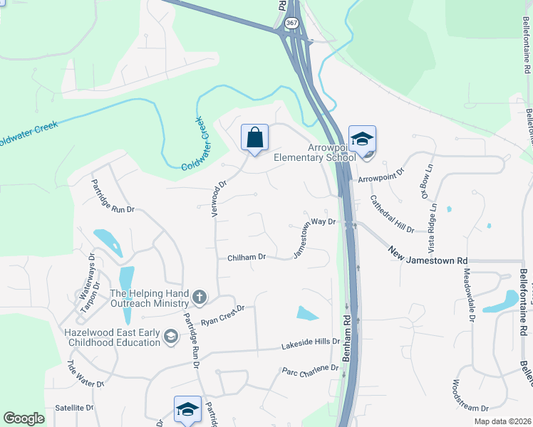 map of restaurants, bars, coffee shops, grocery stores, and more near 6913 Glenvale Court in Florissant