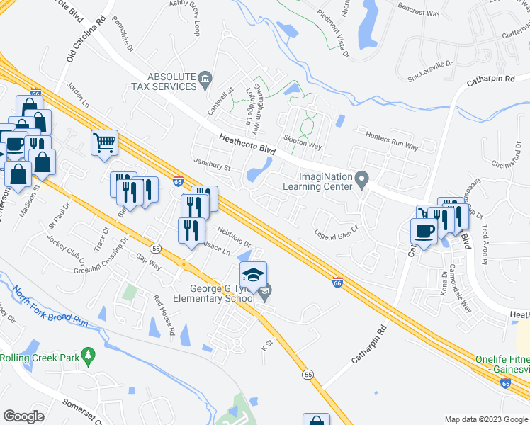 map of restaurants, bars, coffee shops, grocery stores, and more near 14433 Macon Grove Lane in Gainesville