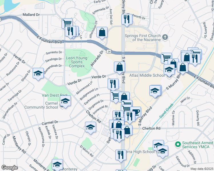 map of restaurants, bars, coffee shops, grocery stores, and more near in Colorado Springs