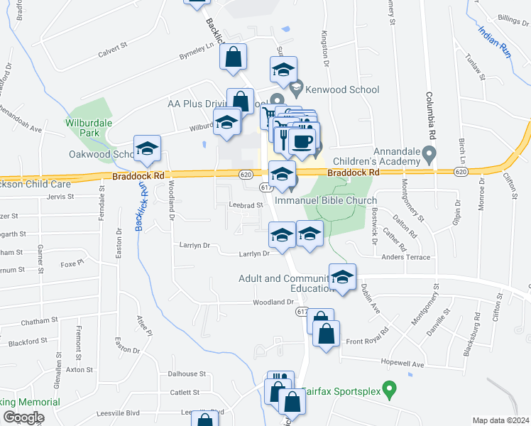 map of restaurants, bars, coffee shops, grocery stores, and more near 5261 Leestone Court in Springfield