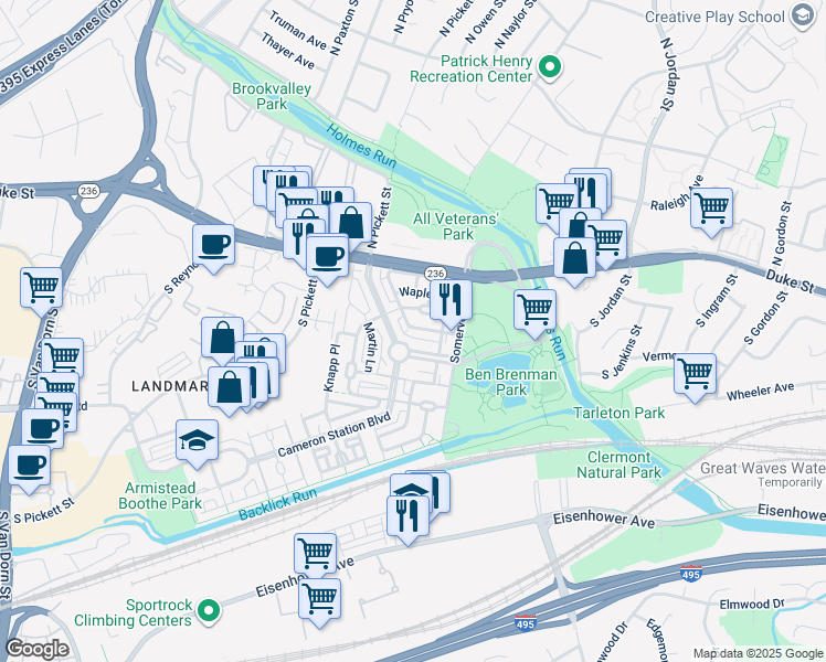 map of restaurants, bars, coffee shops, grocery stores, and more near 5010 Barbour Drive in Alexandria
