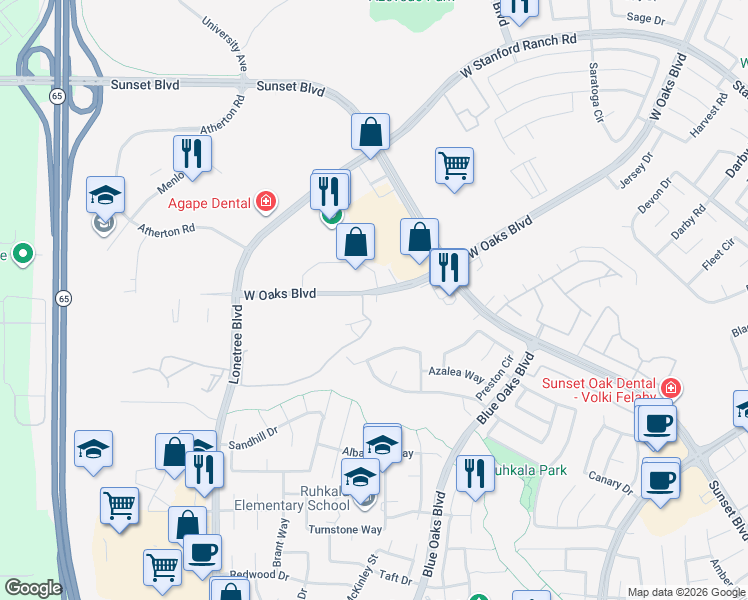 map of restaurants, bars, coffee shops, grocery stores, and more near 6020 West Oaks Boulevard in Rocklin
