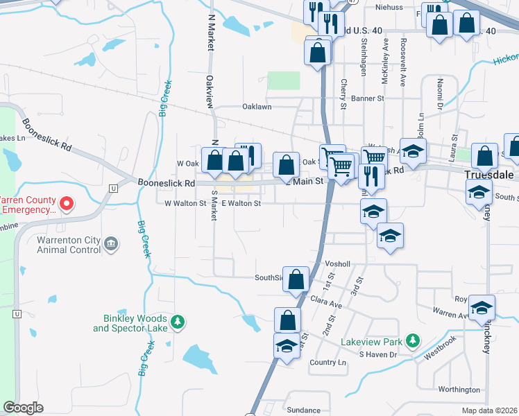 map of restaurants, bars, coffee shops, grocery stores, and more near 215 Meyer Avenue in Warrenton