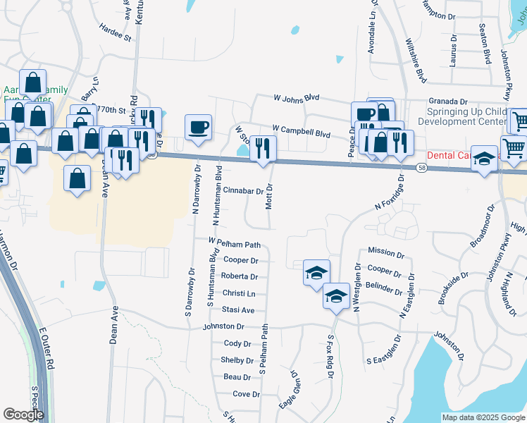 map of restaurants, bars, coffee shops, grocery stores, and more near 144 Mott Drive in Raymore